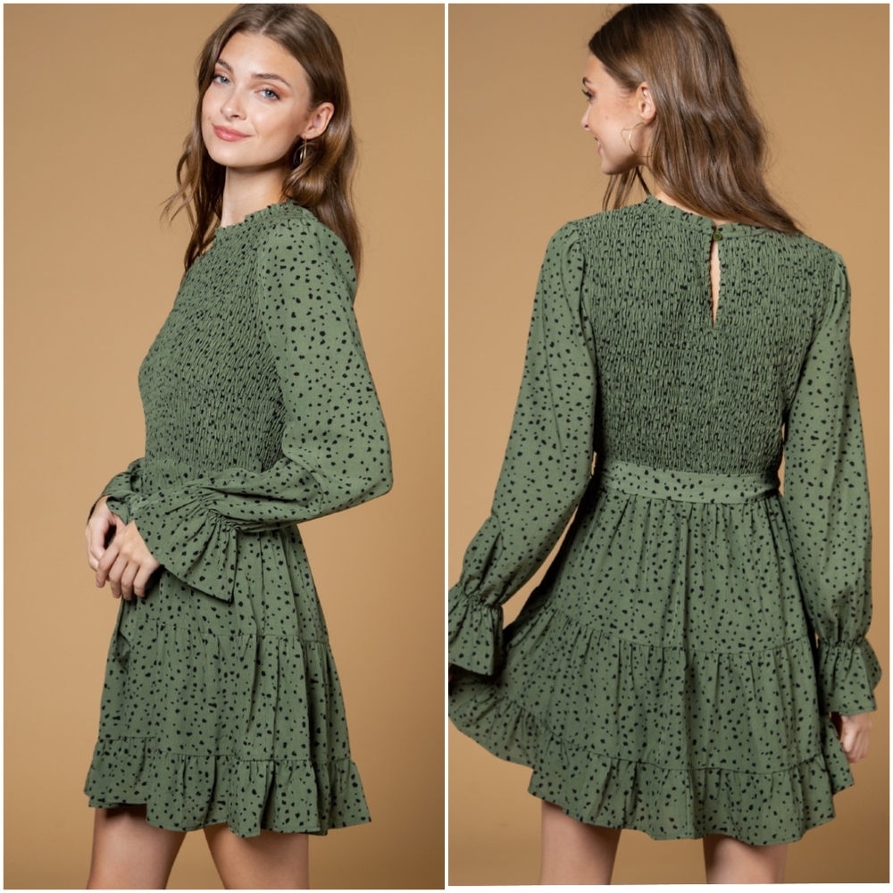 FEW LEFT❗️NEW IN By Very J Olive Ditzy Dots Long Sleeves Short Dress - Picture 12 of 14
